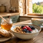 Tavola della colazione con yogurt, granola, frutti di bosco, miele e caffè