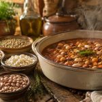 Pentola di zuppa di legumi con ciotole di ceci, lenticchie e fagioli