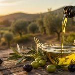 Olio extravergine versato in una ciotola con olive e ulivi sullo sfondo