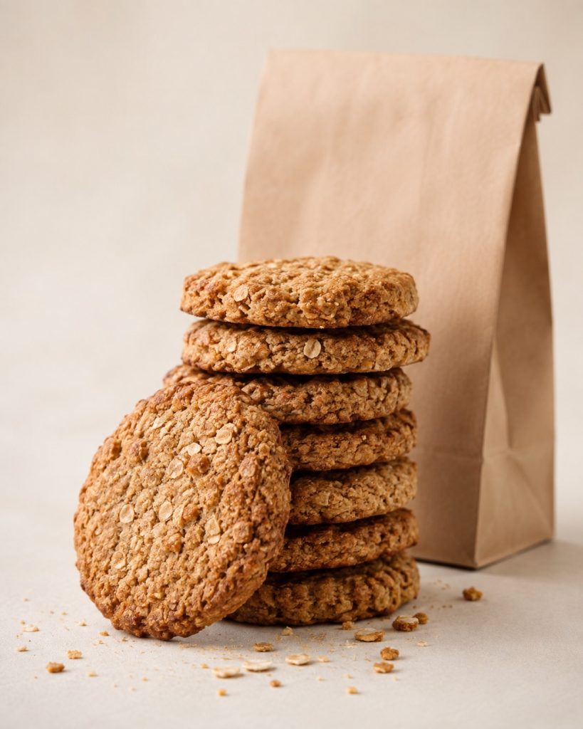 Pila di biscotti integrali con fiocchi d'avena e confezione in carta