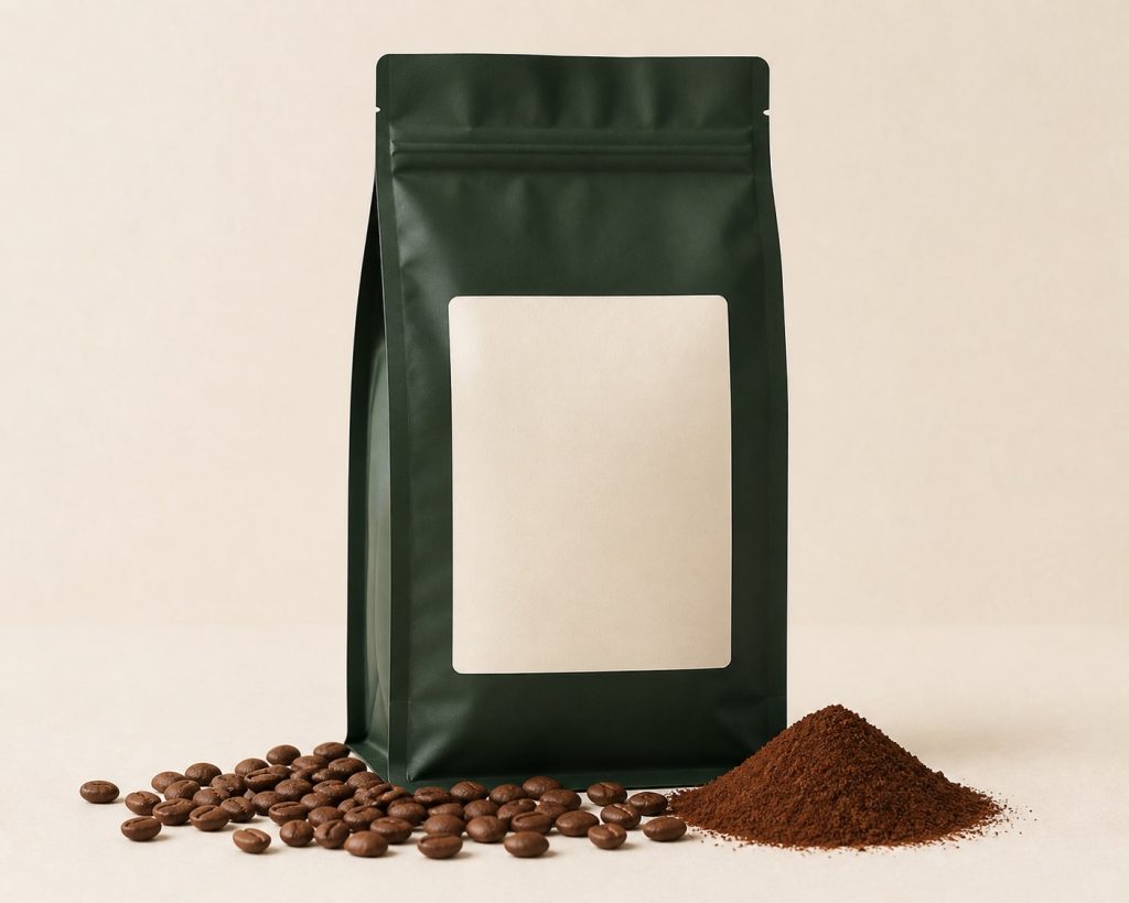 Confezione di caffè verde scuro con chicchi e caffè macinato