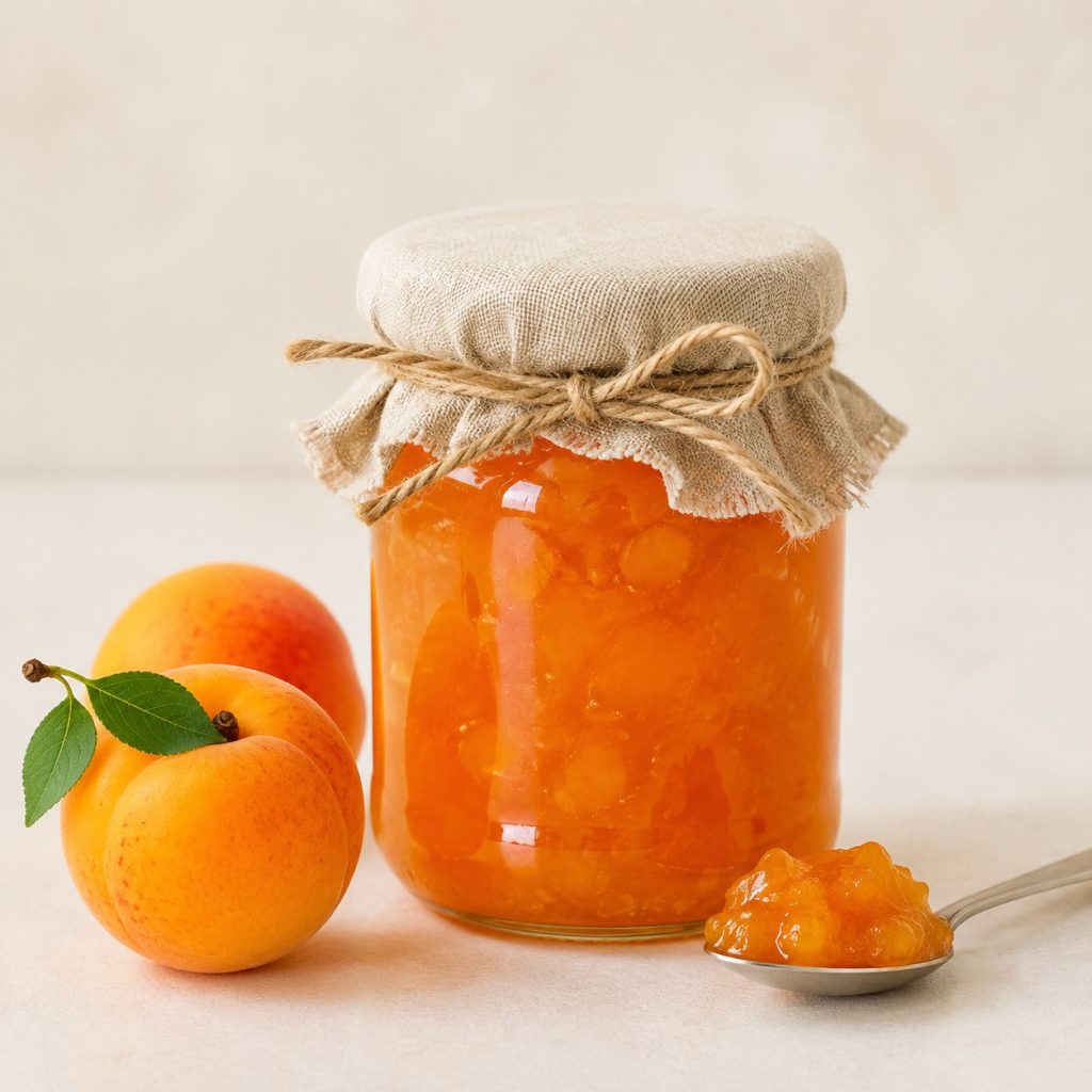 Vaso di confettura di albicocche con due albicocche fresche