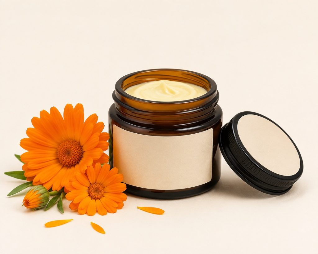 Vasetto di crema mani con fiori di calendula arancioni