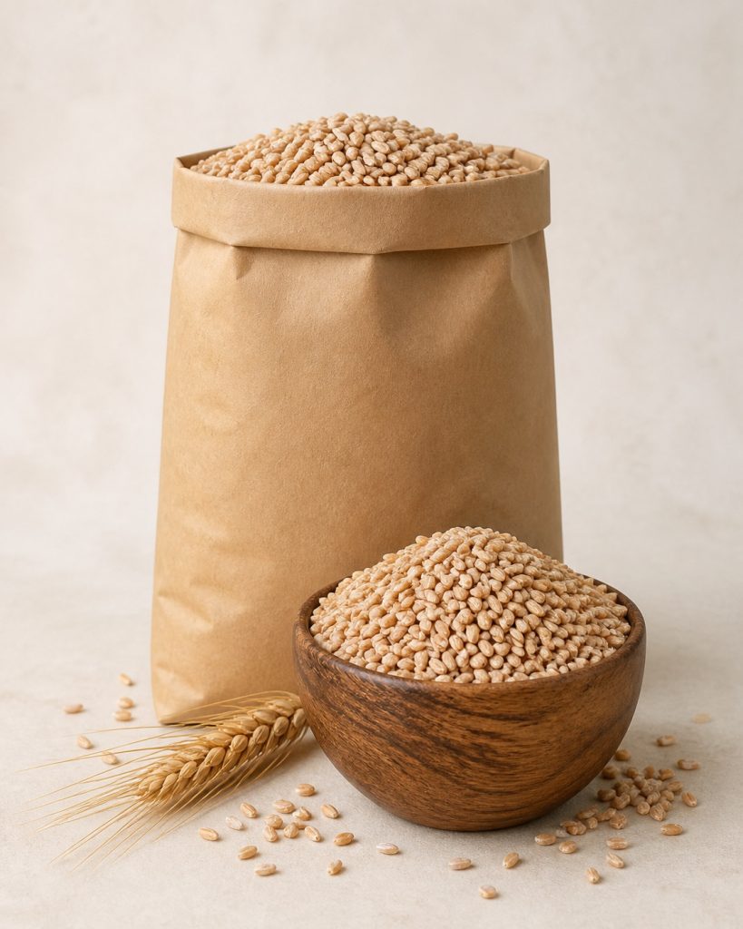 Sacchetto di farro perlato con chicchi in una ciotola di legno