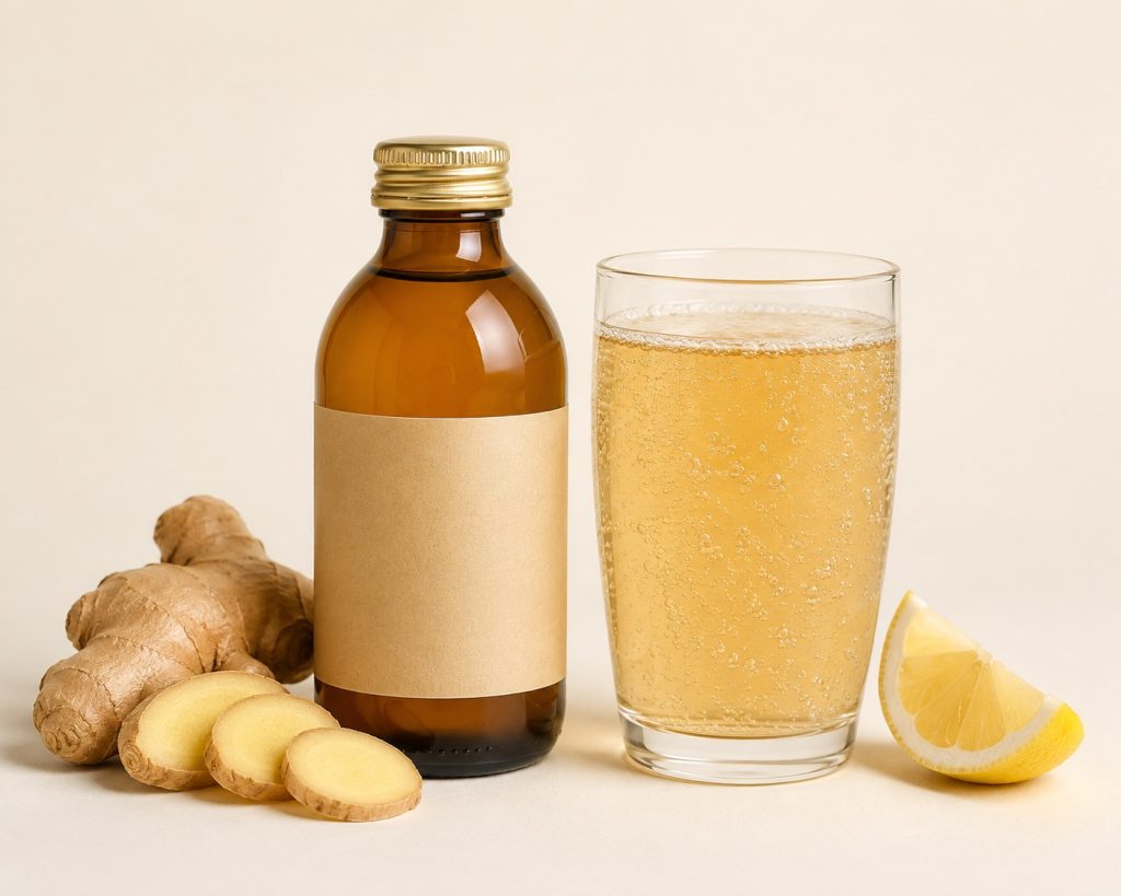 Bottiglia di kombucha allo zenzero con bicchiere e fette di zenzero