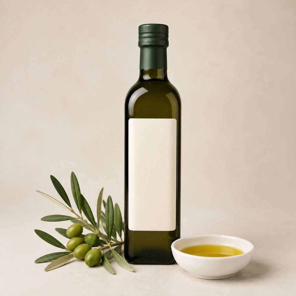 Bottiglia scura di olio extravergine con ciotola e ramo di ulivo