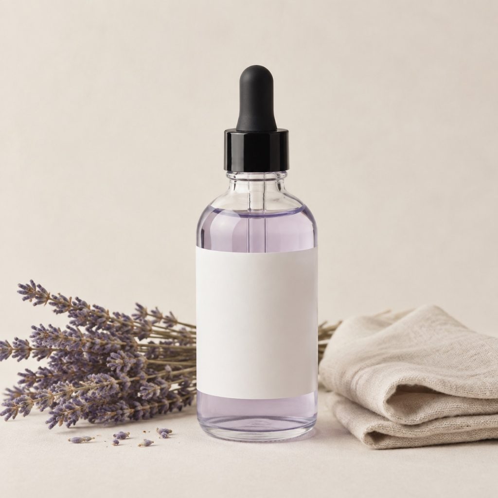 Flacone con contagocce di olio corpo alla lavanda e rametti di lavanda