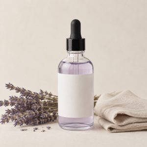 Flacone con contagocce di olio corpo alla lavanda e rametti di lavanda