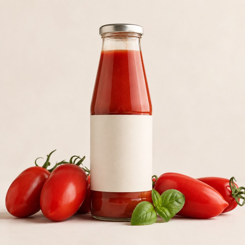 Bottiglia di passata di pomodoro con pomodori San Marzano e basilico