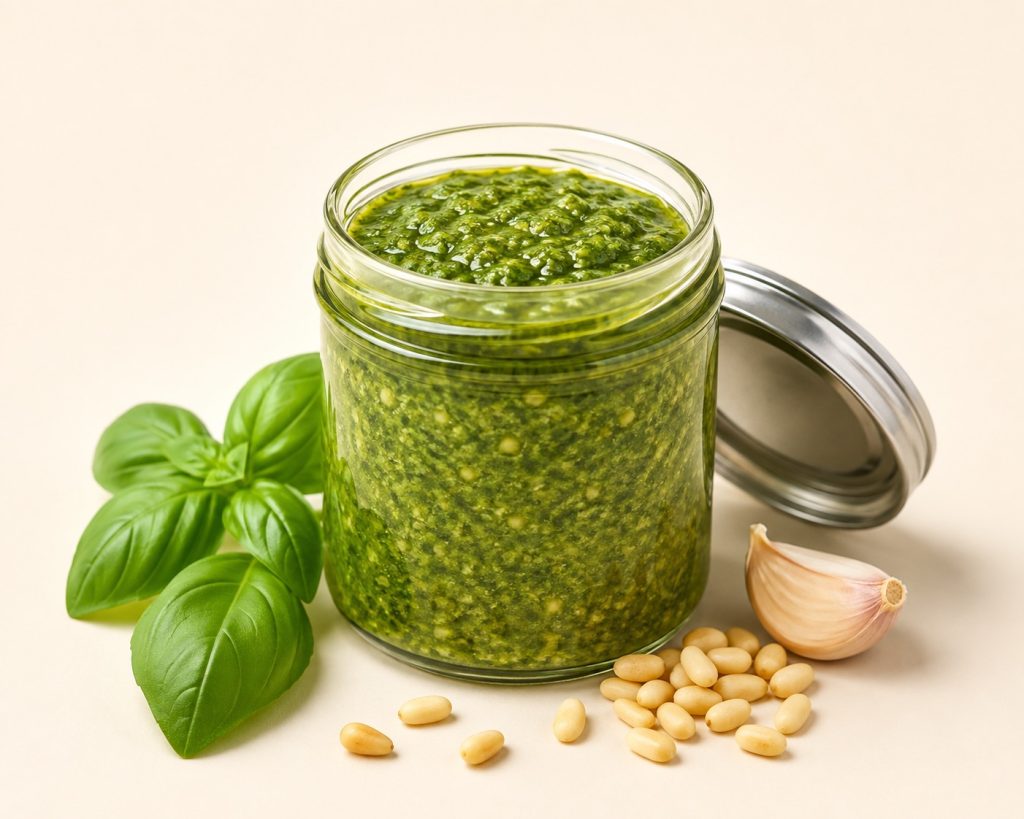 Vasetto di pesto genovese aperto con basilico e pinoli