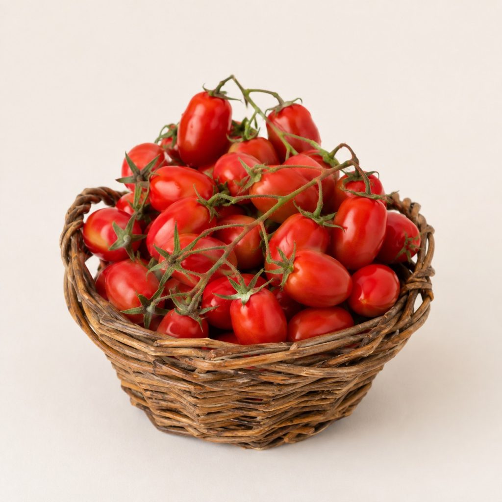 Pomodori datterino rossi a grappolo in un cestino