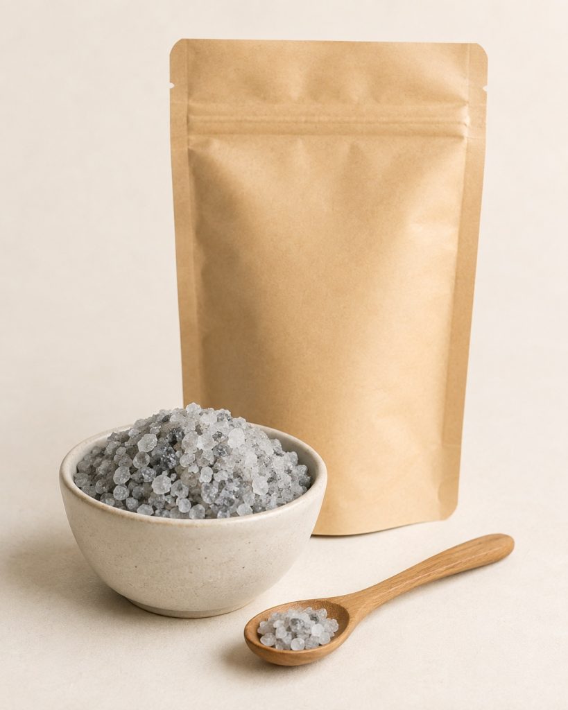 Ciotola di sale marino integrale grigio con cucchiaio di legno