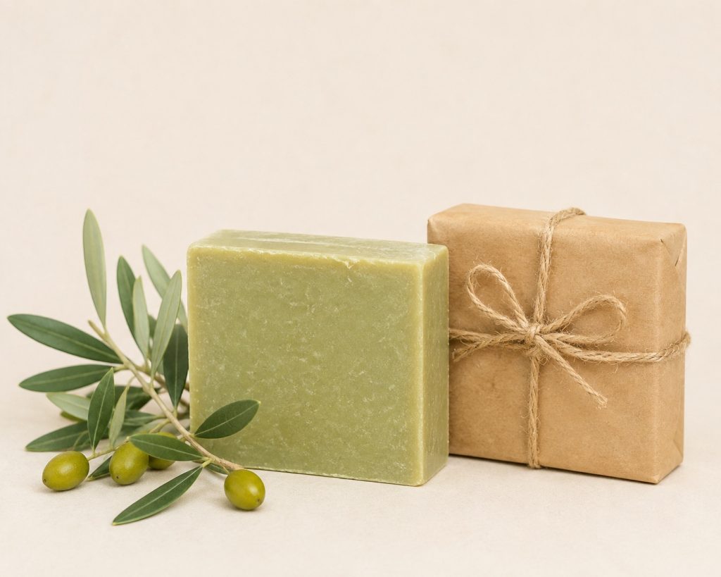 Due saponette all'olio d'oliva, una avvolta in carta kraft