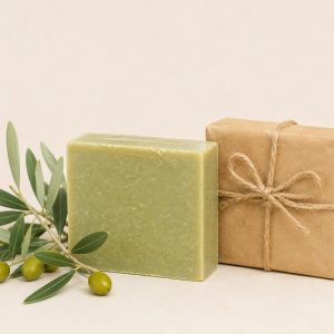 Due saponette all'olio d'oliva, una avvolta in carta kraft