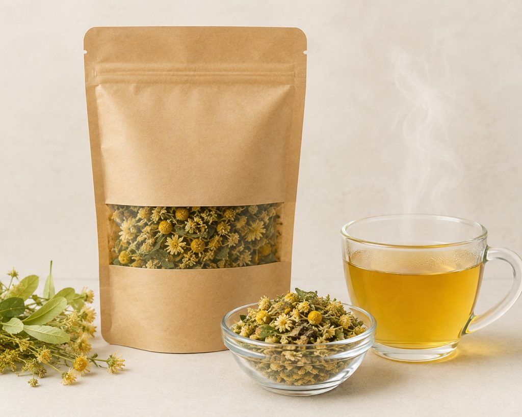 Sacchetto di tisana in foglia con fiori di camomilla e tazza
